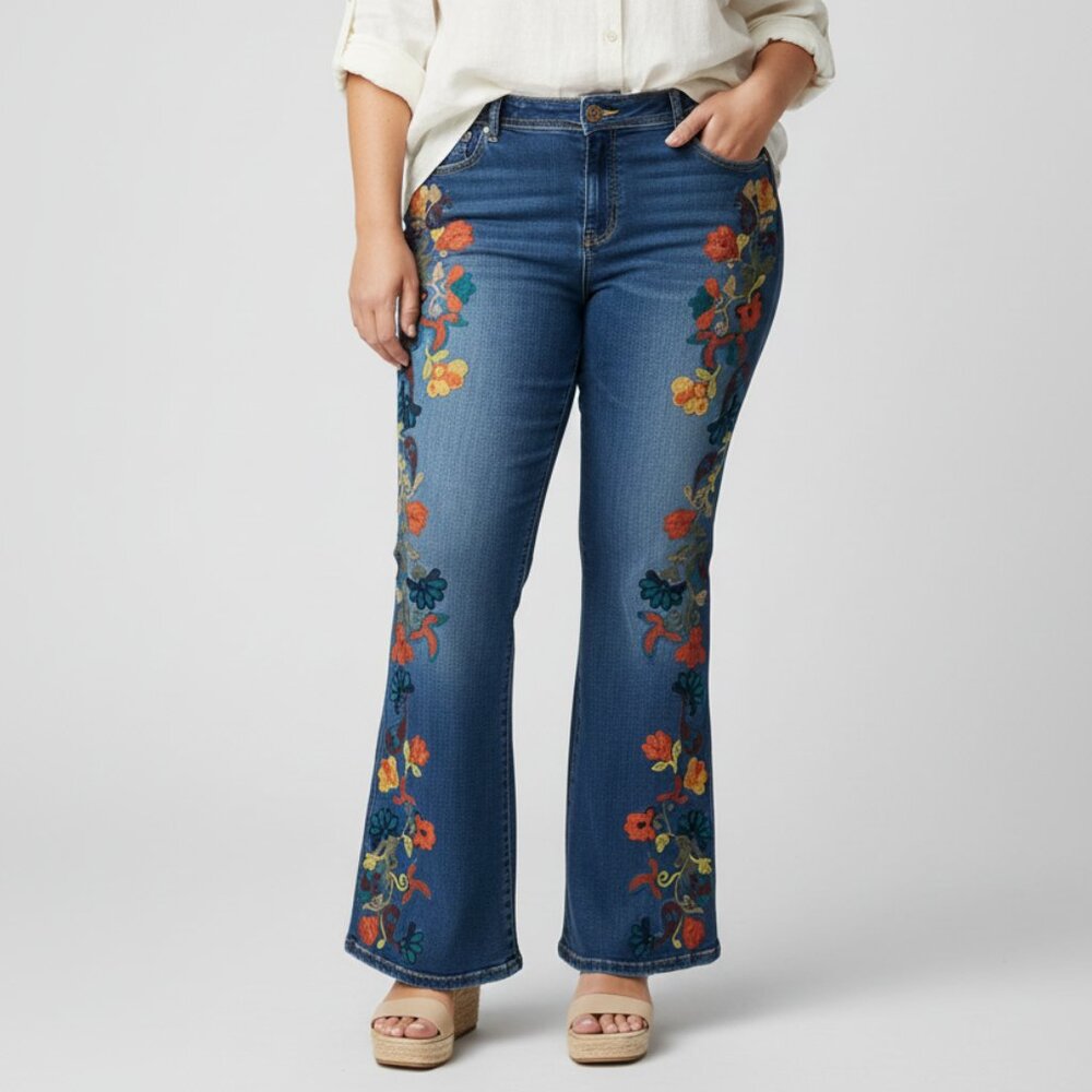 INC International Concepts Embroidered Flare Leg Jeans | Floral Detail | Mid-Ris